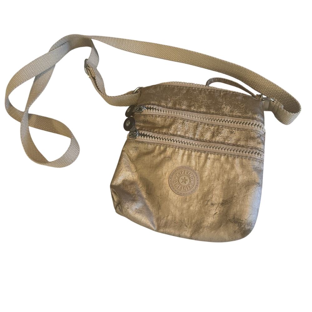 Kipling Keiko Crossbody Mini Bag Gold Triple Zip Purse Small Metallic